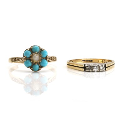 Lot 313 - A 9ct gold diamond three stone ring and a 9ct gold simulated turquoise cluster ring