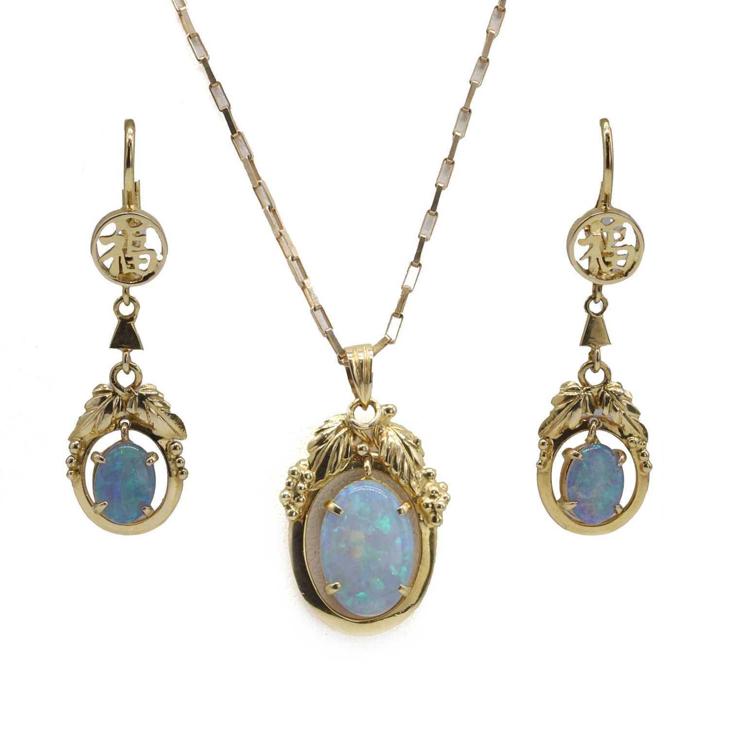 Lot 296 - An opal pendant and drop earrings set