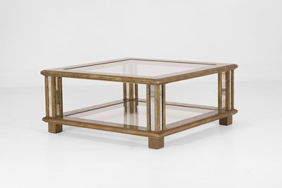 Lot 499 - A brass, glass and verre églomisé coffee table in the manner of Rodolfo Dubarry