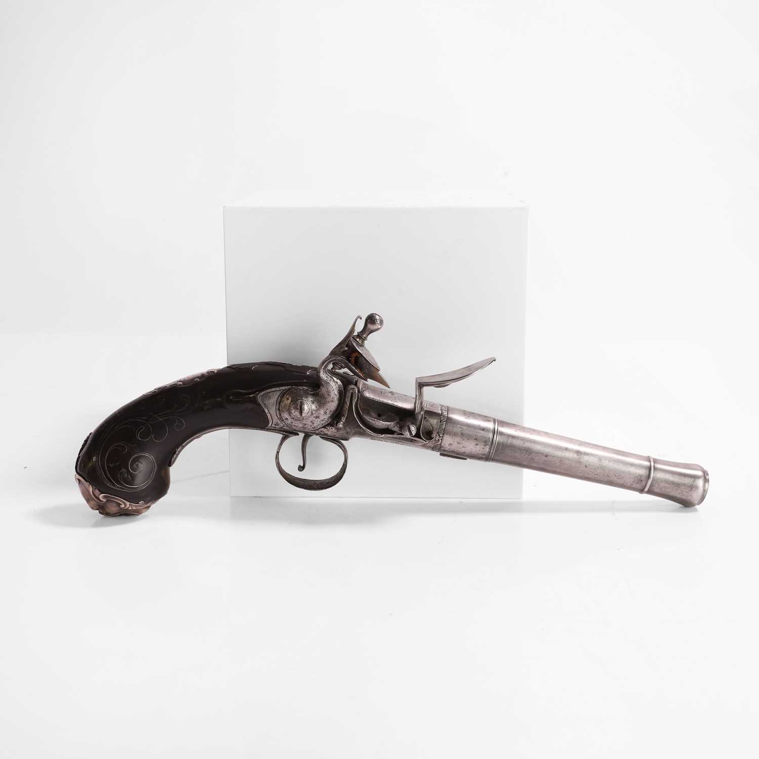 Lot 235 - A Queen Anne style cannon barrel flintlock pistol