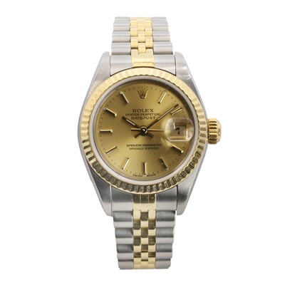 Lot 284 - A ladies' gold and stainless steel Rolex Oyster Perpetual Datejust automatic bracelet watch