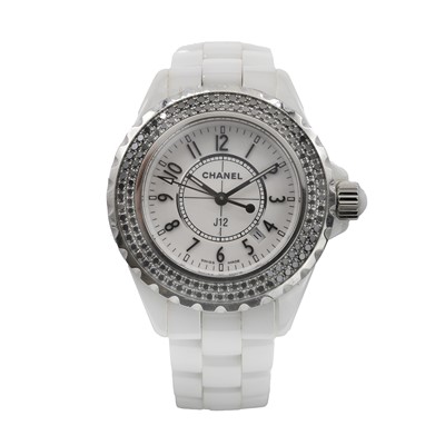 Lot 295 - A white ceramic, black diamond set Chanel J12 quartz bracelet watch