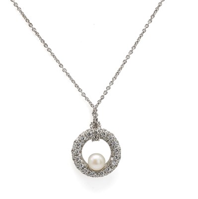 Lot 134 - An 18ct white gold cultured pearl and diamond pendant necklace, by Mikimoto