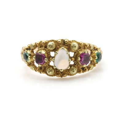 Lot 6 - An antique opal, ruby and emerald ring