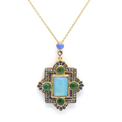 Lot 280 - A silver gilt opal, emerald, diamond and sapphire pendant