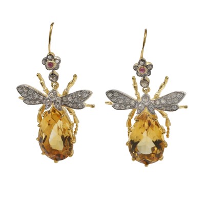 Lot 278 - A pair of citrine, diamond and ruby insect drop earrings