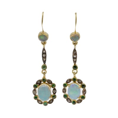 Lot 266 - A pair of opal, emerald and diamond drop earrings