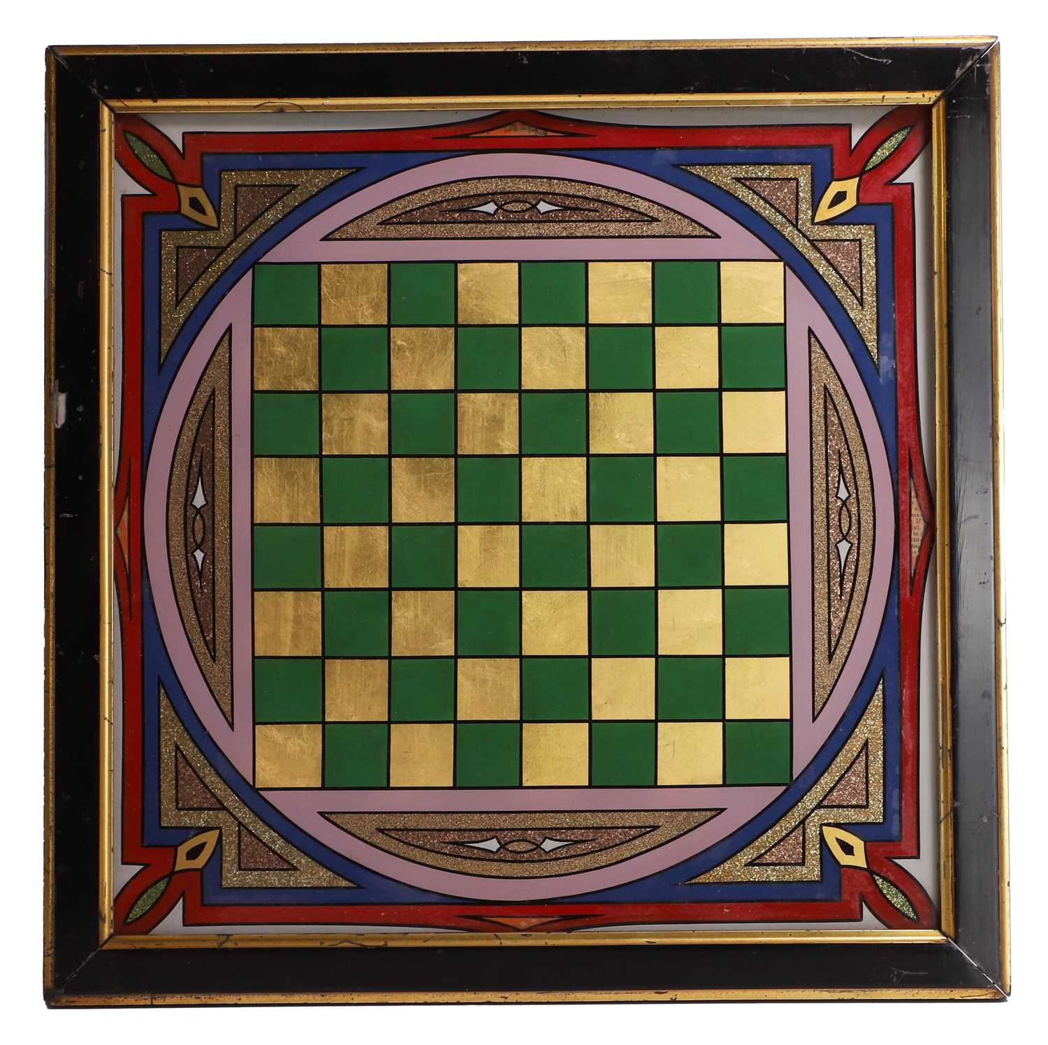 Lot 97 - A Victorian reverse-painted glass tavern games chessboard