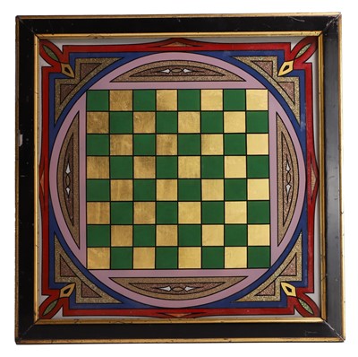 Lot 97 - A Victorian reverse-painted glass tavern games chessboard
