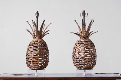 Lot 544 - A pair of woven rattan 'Ananas' table lamps by Paolo Moschino