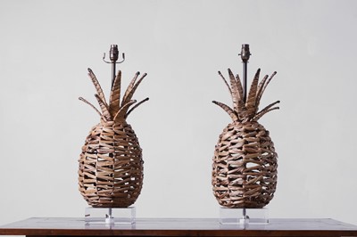 Lot 544 - A pair of woven rattan 'Ananas' table lamps by Paolo Moschino