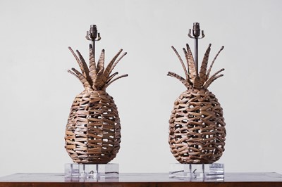 Lot 544 - A pair of woven rattan 'Ananas' table lamps by Paolo Moschino