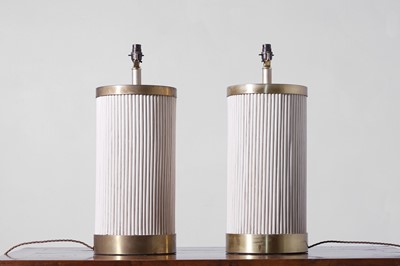 Lot 549 - A pair of painted rattan and gilt-metal table lamps
