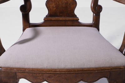 Lot 342 - A large George II-style figured walnut and beech open armchair