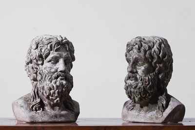 Lot 410 - A pair of painted composition stone busts of Zeus
