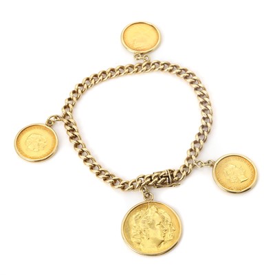 Lot 319 - A gold curb link coin charm bracelet