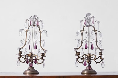 Lot 498 - A pair of brass and cut-glass girandoles