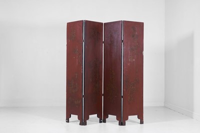 Lot 554 - An export black lacquer, hardstone and ivory-inlaid folding screen