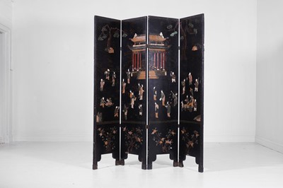 Lot 554 - An export black lacquer, hardstone and ivory-inlaid folding screen