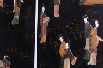 Lot 554 - An export black lacquer, hardstone and ivory-inlaid folding screen