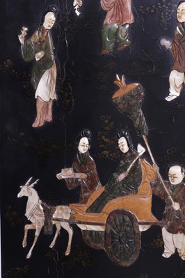 Lot 554 - An export black lacquer, hardstone and ivory-inlaid folding screen