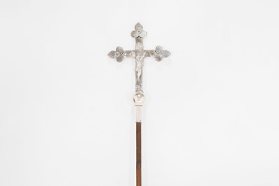 Lot 391 - A silvered-metal and wooden ecclesiastical staff