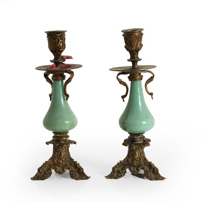 Lot 218 - A pair of gilt metal and porcelain candlesticks