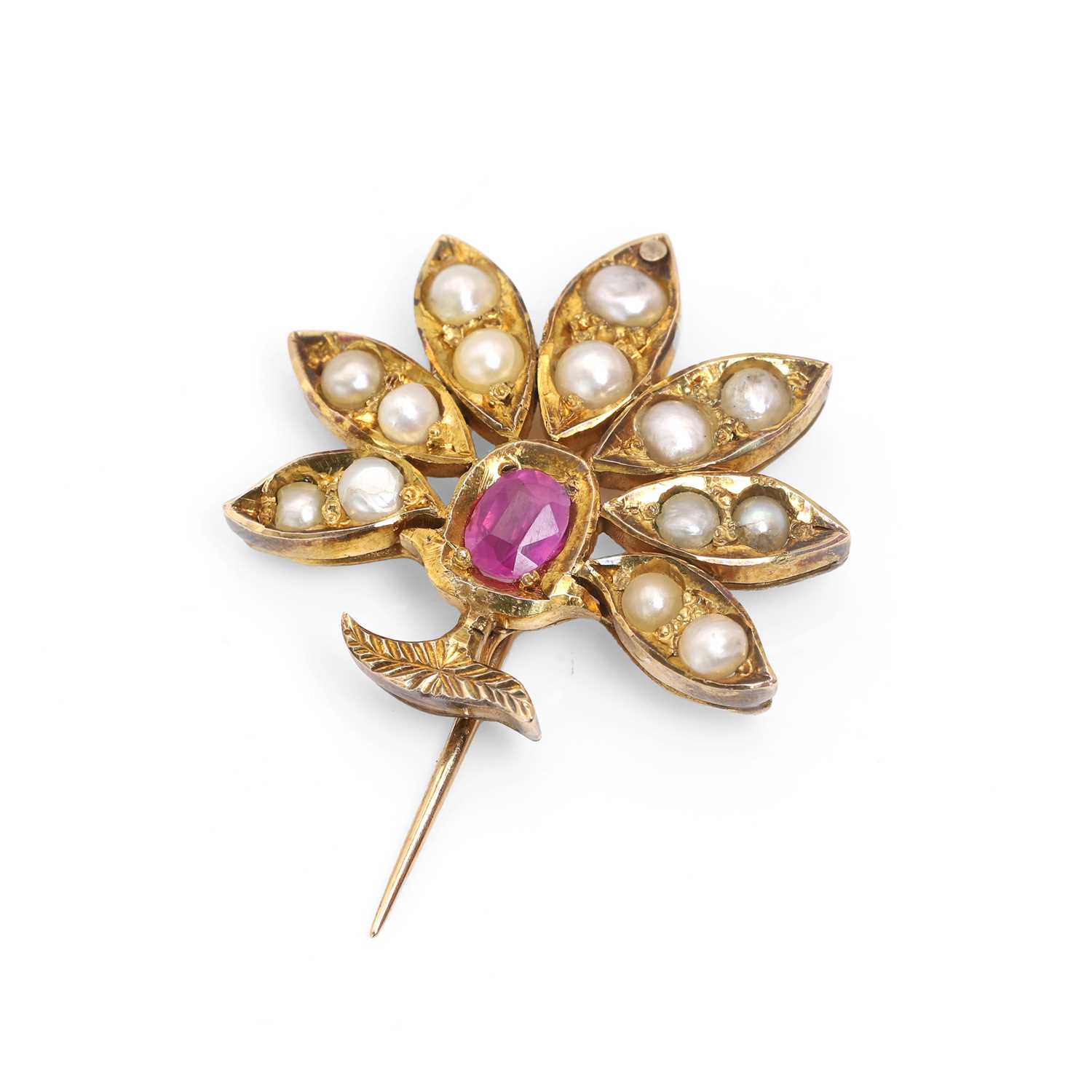 Lot 12 - An antique pink sapphire and split pearl stick pin