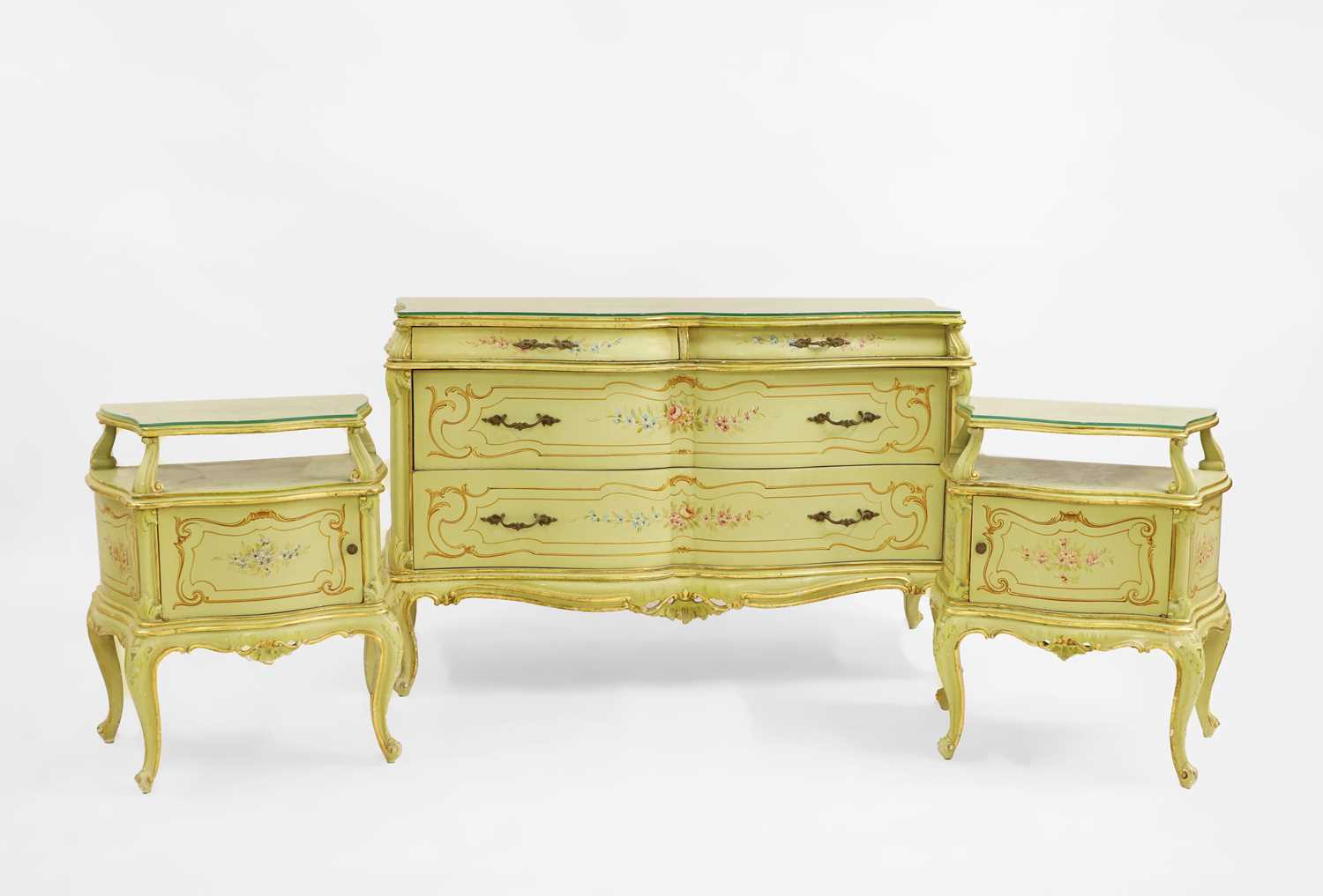 Lot 423 - A green and floral painted parcel gilt six piece bedroom suite in 18th century Italian Rococo style