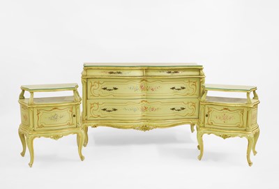 Lot 423 - A green and floral painted parcel gilt six piece bedroom suite in 18th century Italian Rococo style