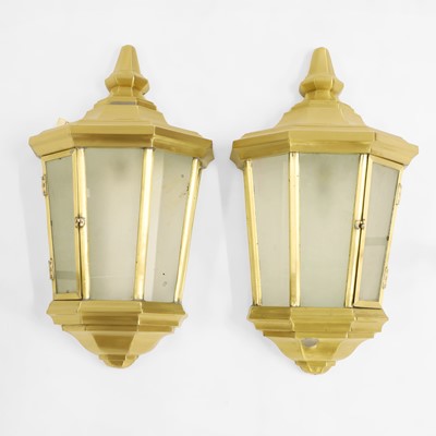 Lot 333 - A large pair of glazed gilt metal outdoor wall lanterns