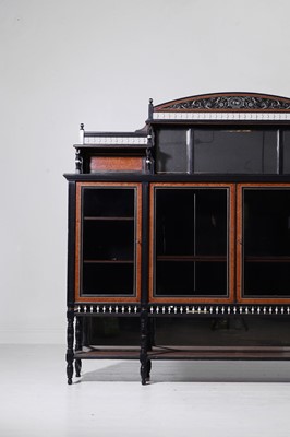 Lot 372 - An Aesthetic period amboyna, ebonised fruitwood and ivory side cabinet