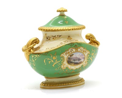 Lot 182 - A Coalport porcelain twin handled urn and cover