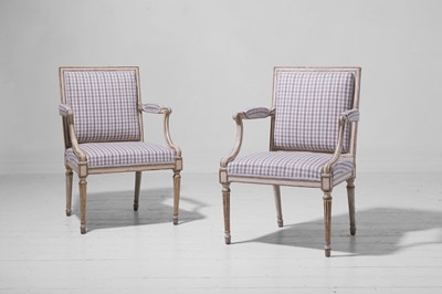 Lot A pair of George III painted and parcel-gilt armchairs