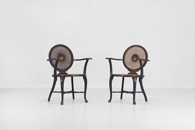 Lot 269 - A pair of Regency-style blue and gilt japanned elbow chairs
