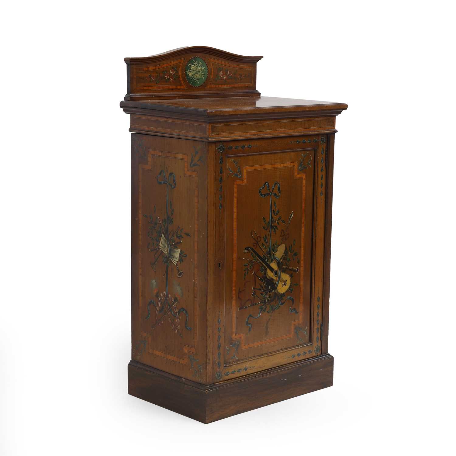 Lot 368 - A Sheraton revival mahogany, painted, and satinwood strung music cabinet