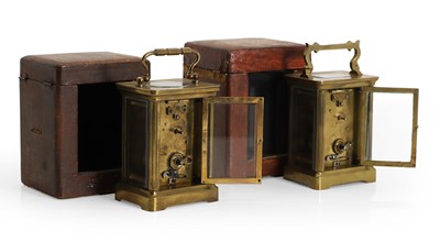 Lot 189 - Three brass cased carriage timepieces, in travelling cases