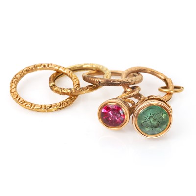 Lot 11 - Two antique fob seals and a group of split rings