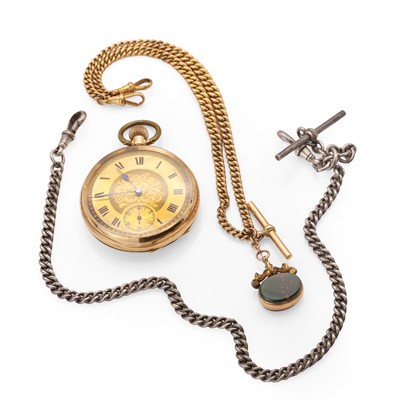Lot 339 - A 14ct gold top wind open faced pocket watch and two Albert chains