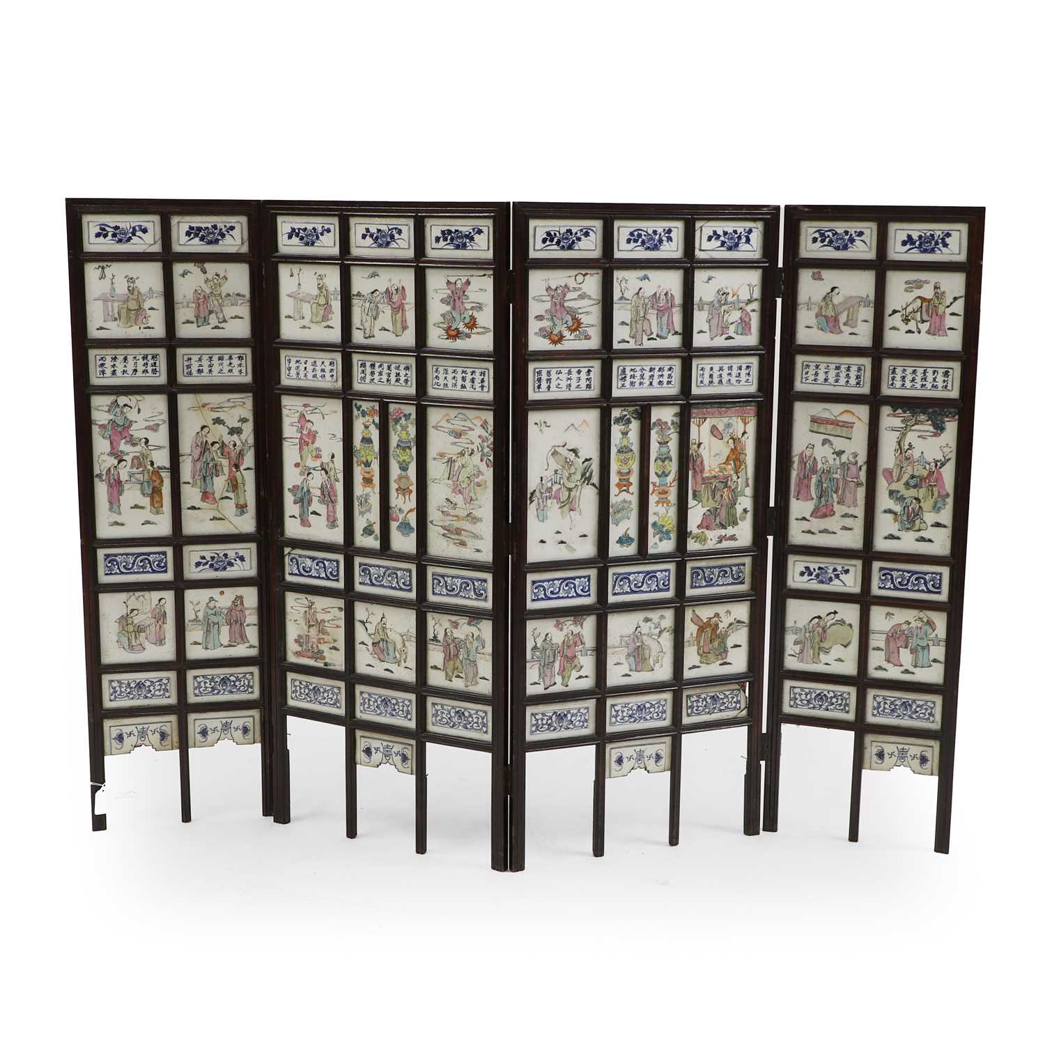 Lot 111 - A Chinese famille rose porcelain four-fold screen