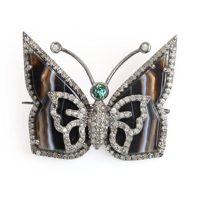 Lot 175 - An agate, diamond and tourmaline butterfly brooch