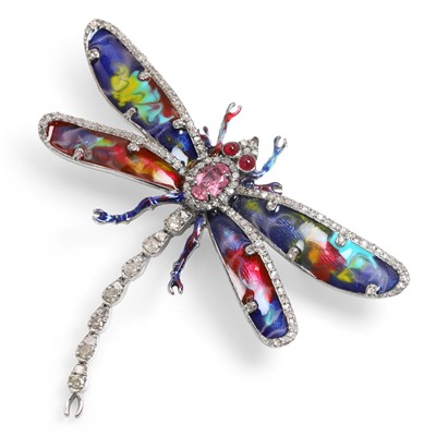 Lot 169 - A silver gemstone and enamel dragonfly brooch