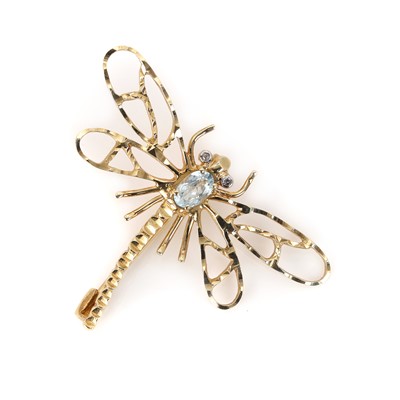 Lot 41 - A 9ct gold blue topaz and diamond dragonfly brooch