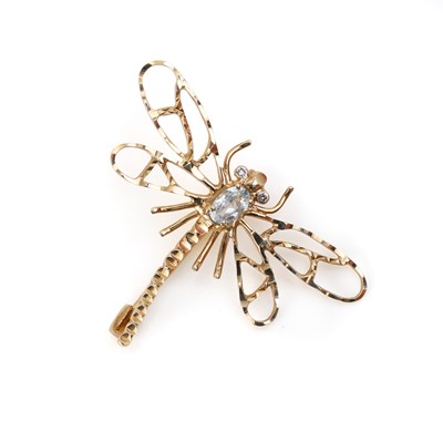 Lot 41 - A 9ct gold blue topaz and diamond dragonfly brooch