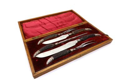 Lot 28 - A Victorian five piece silver mounted and horn carving set