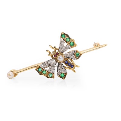 Lot 43 - A 9ct gold diamond, multigem and split pearl bar brooch