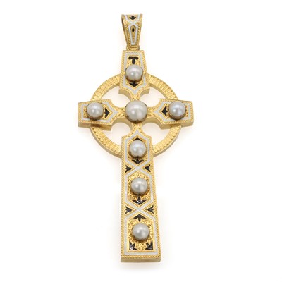 Lot 18 - A Victorian gold, enamel and pearl cross pendant, c.1880