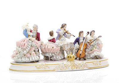 Lot 108 - A Dresden lace porcelain orchestra figural group