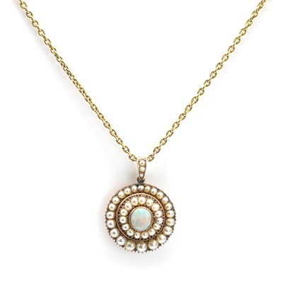 Lot 15 - An opal and seed pearl memorial pendant on chain