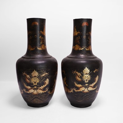 Lot 194 - A pair of Japanese lacquered papier mâché vases